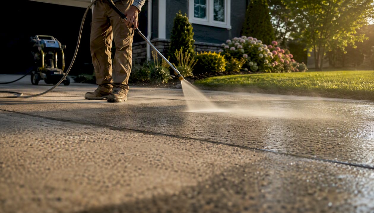 Technician pressure washing concrete driveway surface
