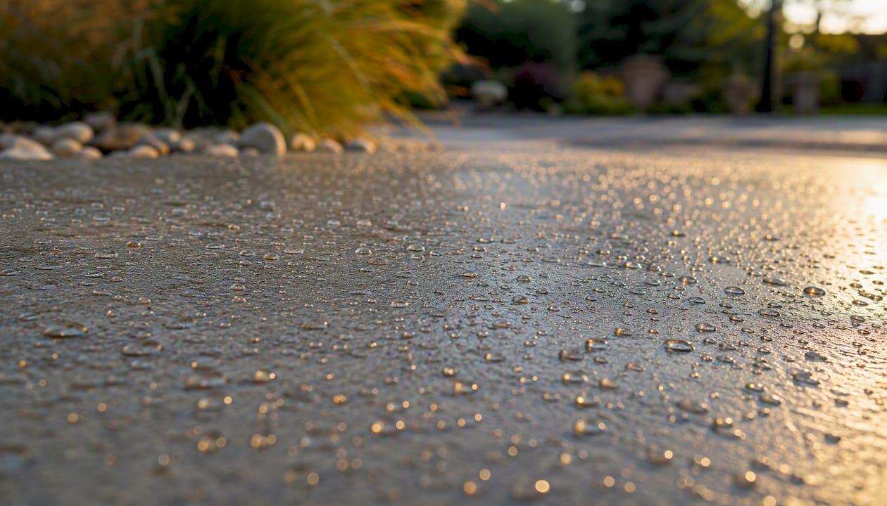 Water droplets beading on sealed concrete driveway