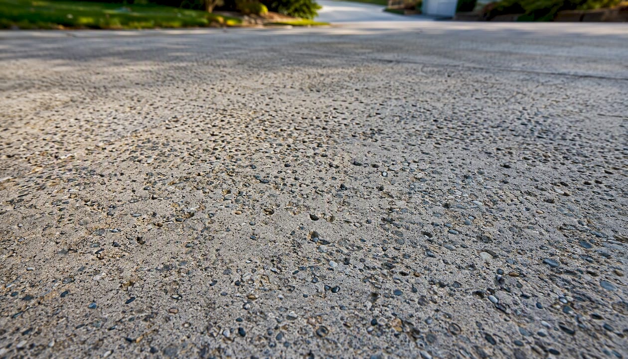 Close-up of etched concrete driveway surface damage