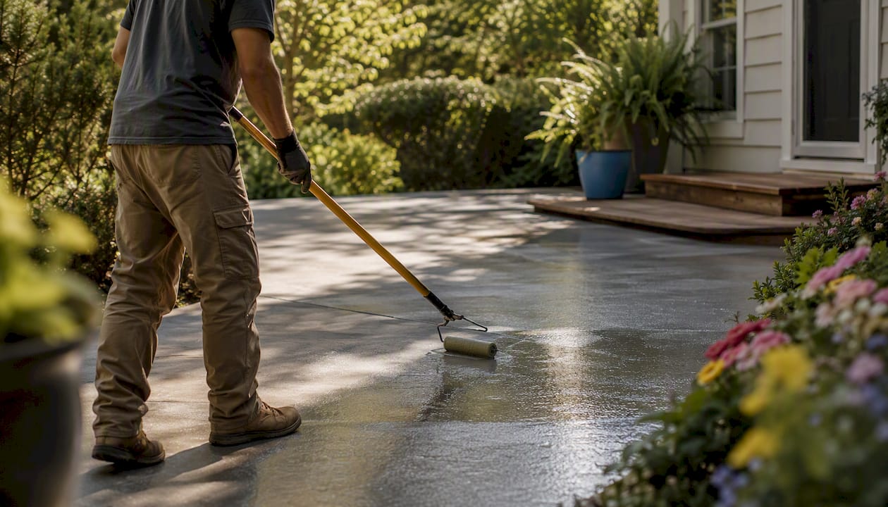 Technician sealing concrete patio with roller