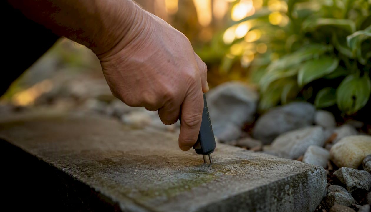 Moisture meter checking concrete patio