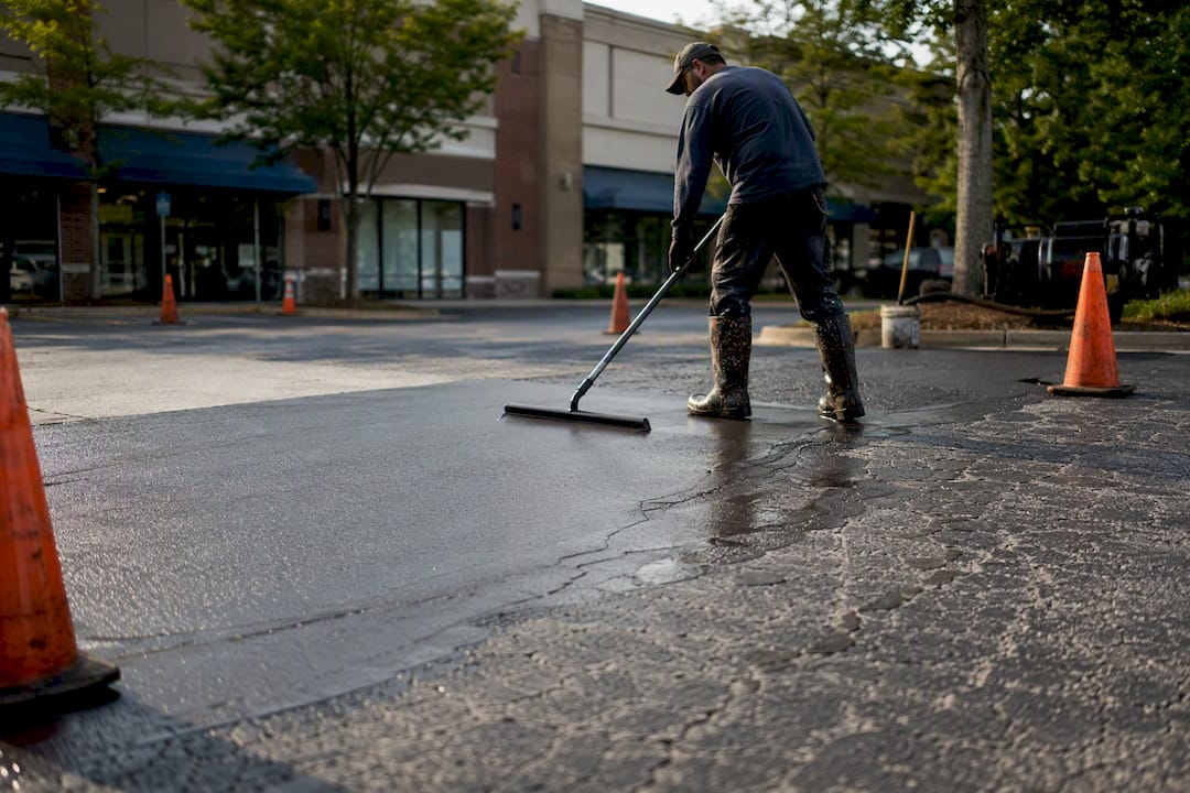 Technician sealing oxidized asphalt parking lot