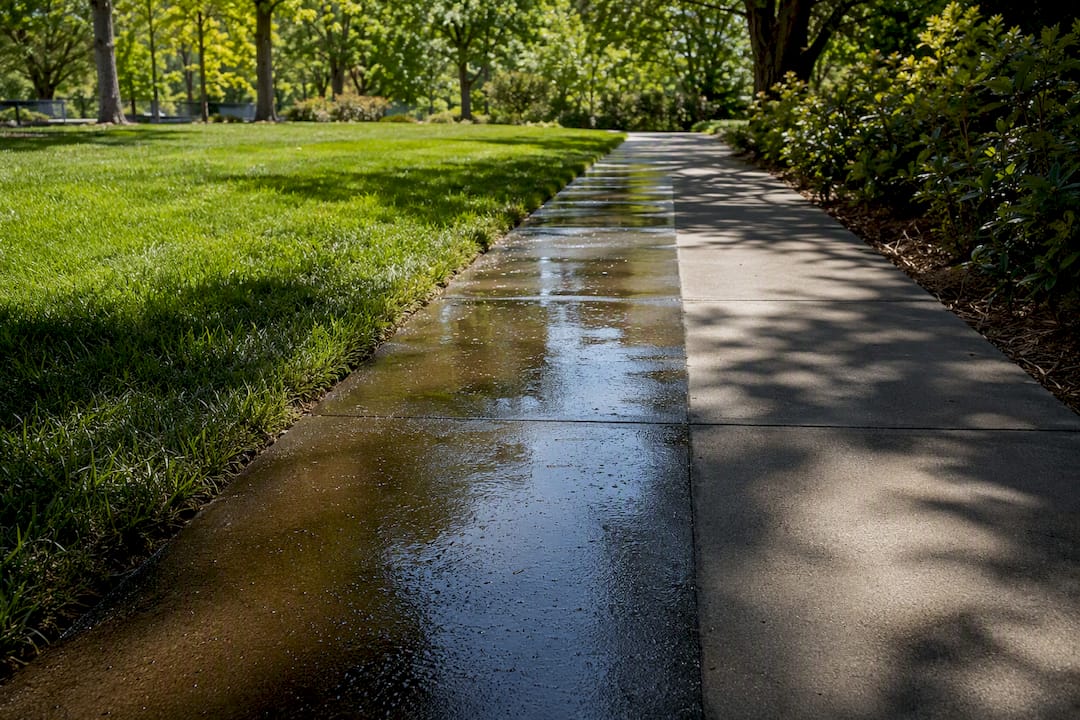 Sealed concrete walkway with water beading