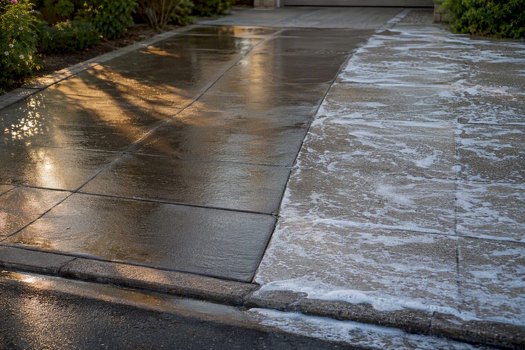 Driveway cleaning by pressure wash and soft wash