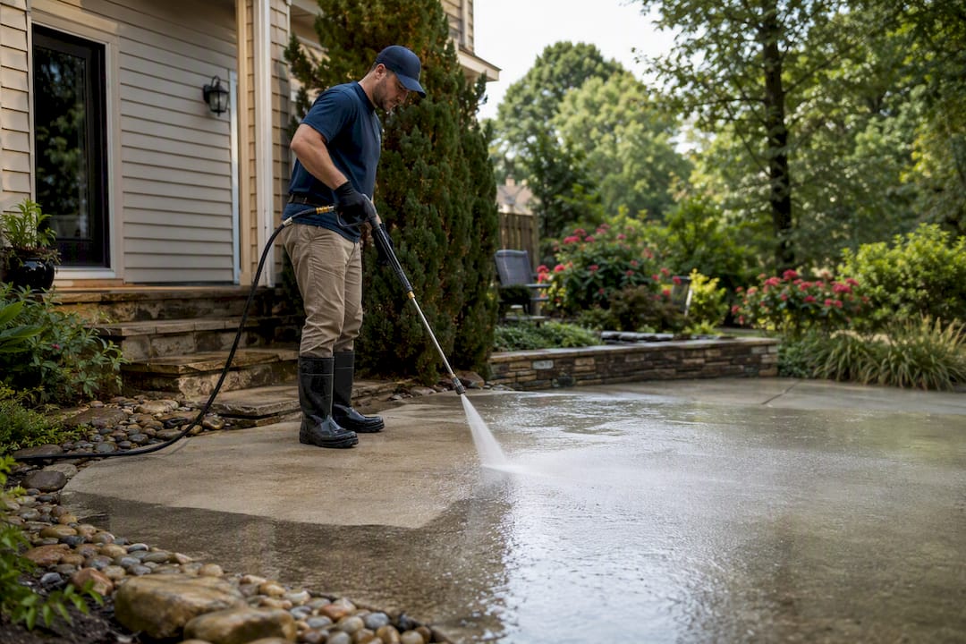 Technician pressure washing concrete driveway
