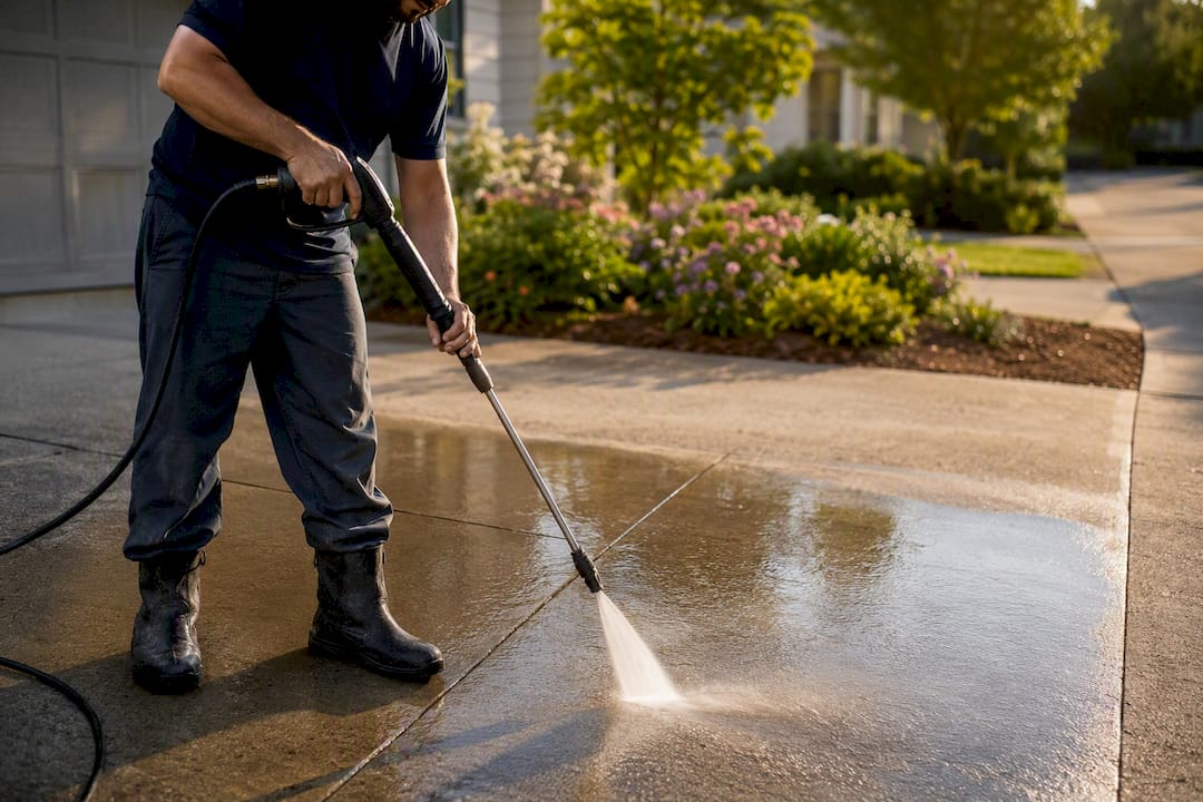 Pressure washing and sealing driveway close-up