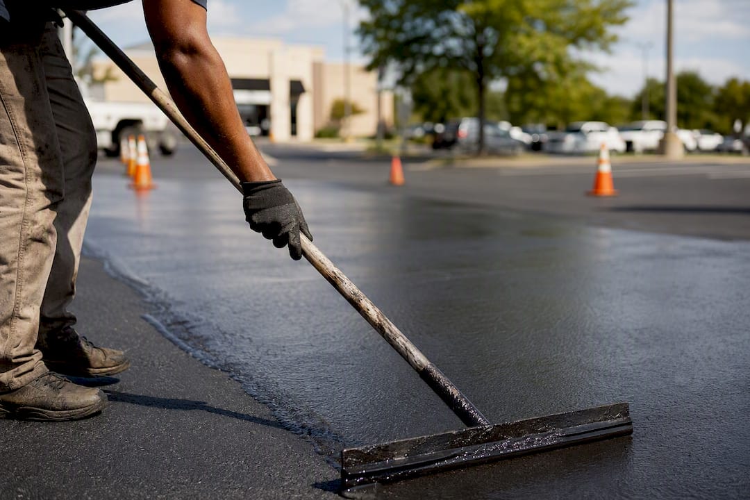Technician applying sealcoat on parking lot