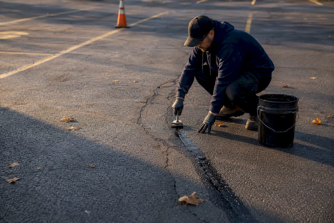 Gloved hand filling asphalt crack