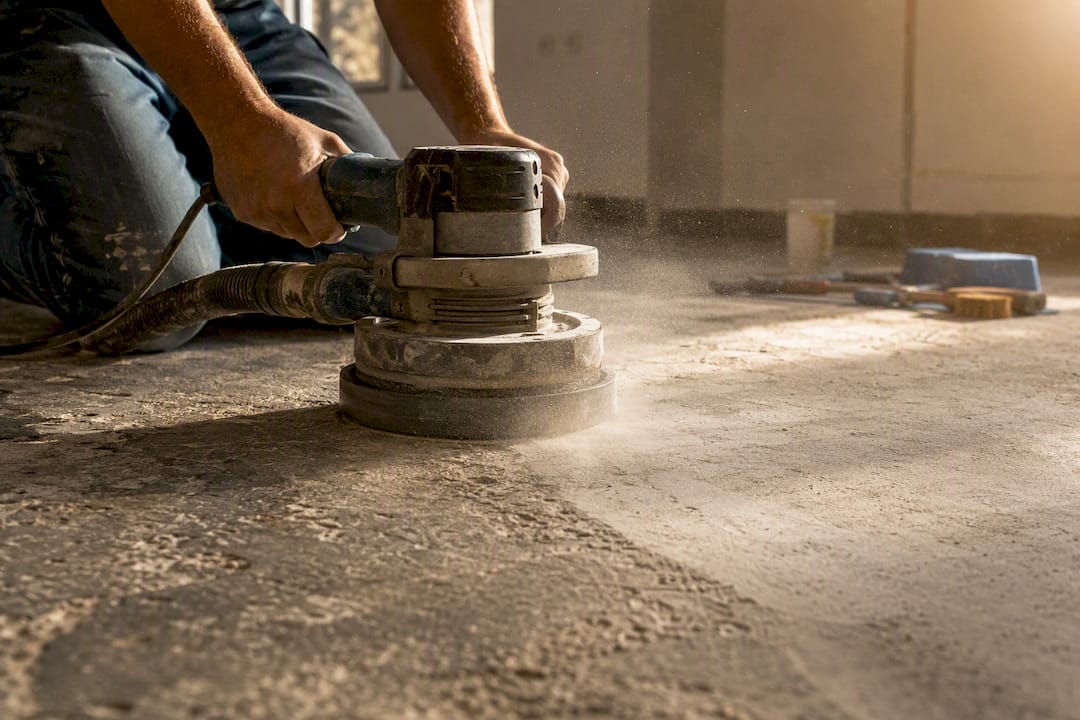 Grinding machine smoothing concrete surface