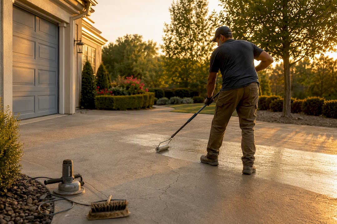 Hand rolling sealer on concrete driveway