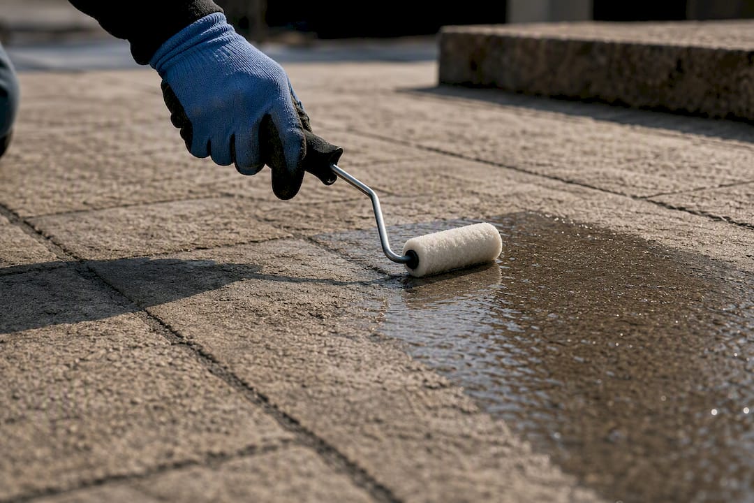 Gloved hand spraying penetrating sealer on walkway