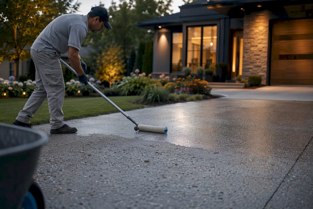 Applying concrete sealer with roller on driveway