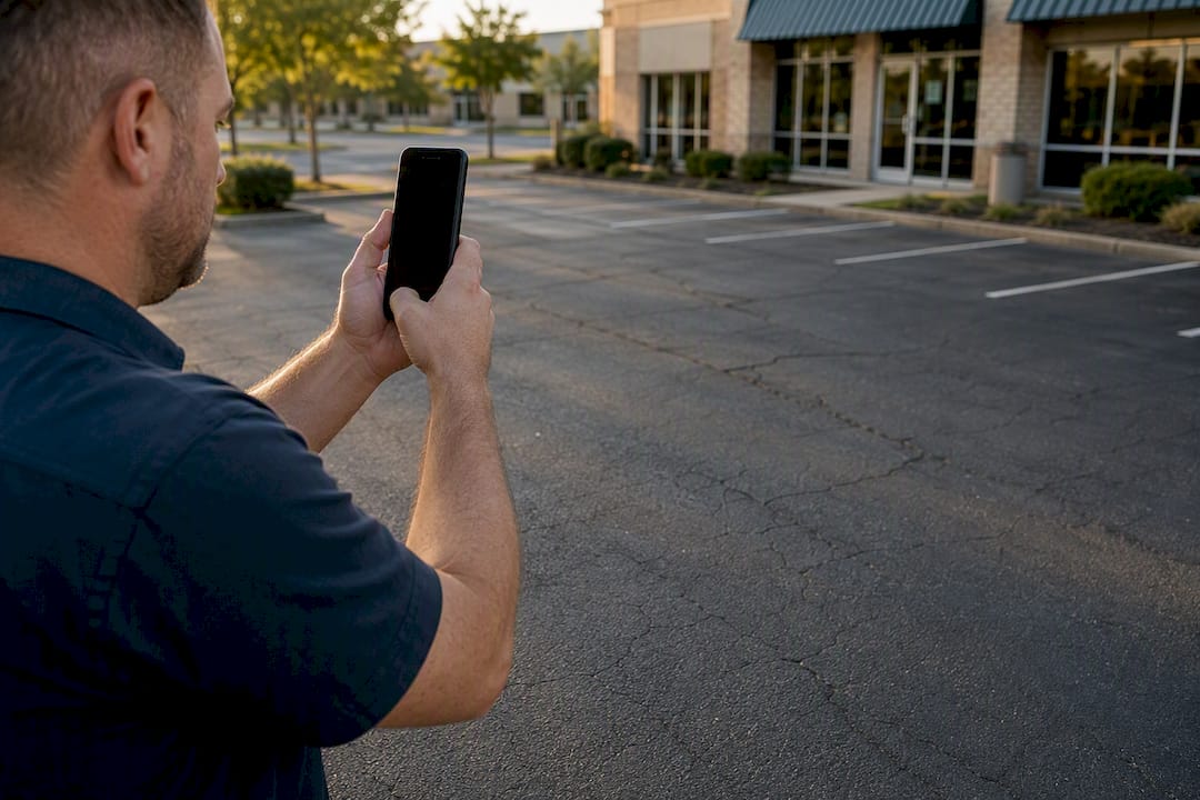 Person taking photos of parking lot for remote assessment