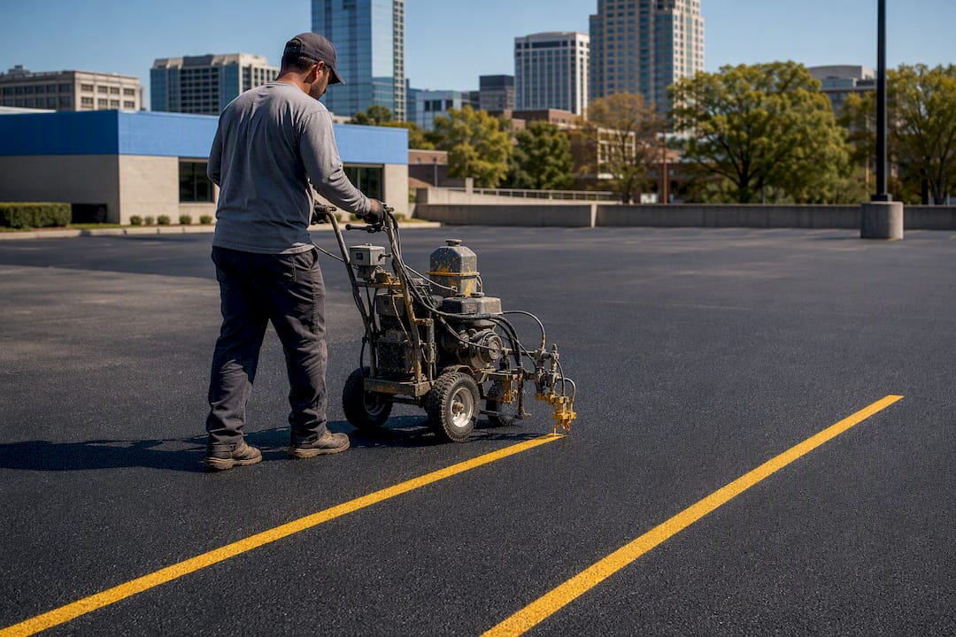 Worker striping lines on commercial parking lot