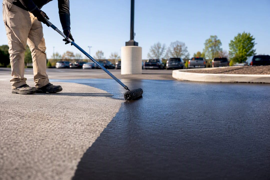 Sealcoat being applied on commercial parking lot