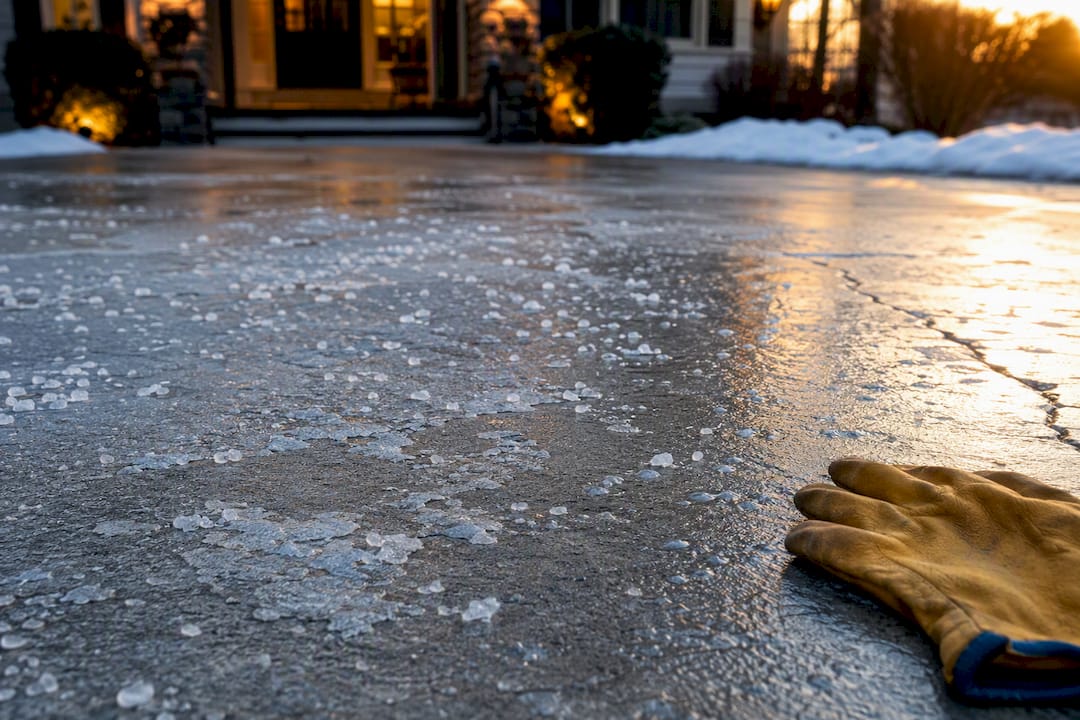 Winter ice and salt crystals on concrete driveway