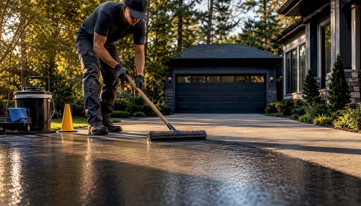 Contractor sealing an Apex concrete driveway