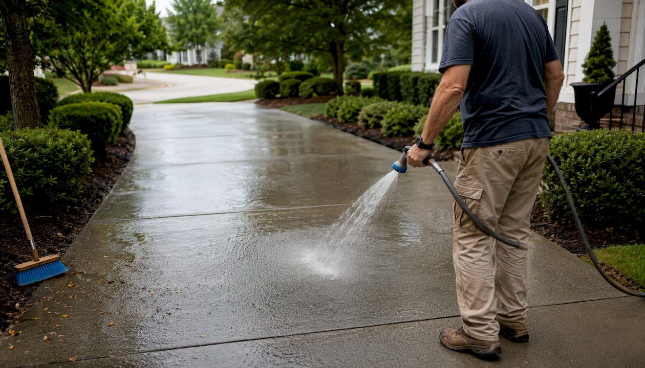 Homeowner rinsing a sealed concrete driveway