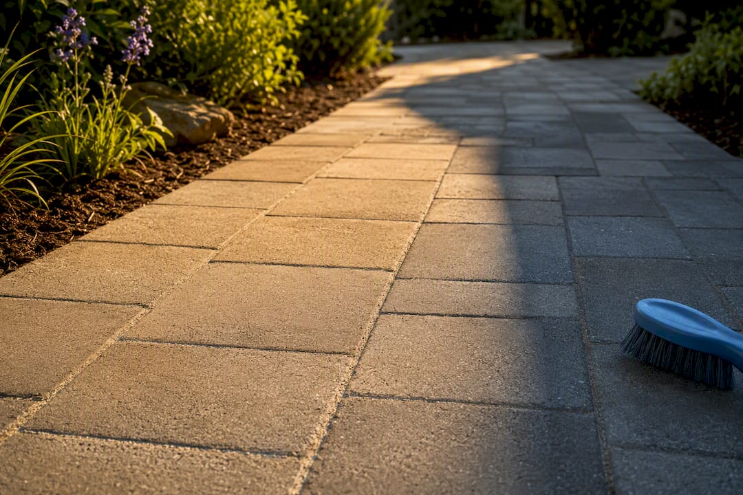 Polymeric sand joints drying across pavers