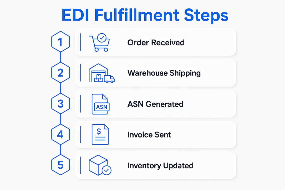 Infographic depicting EDI fulfillment steps from order to inventory update