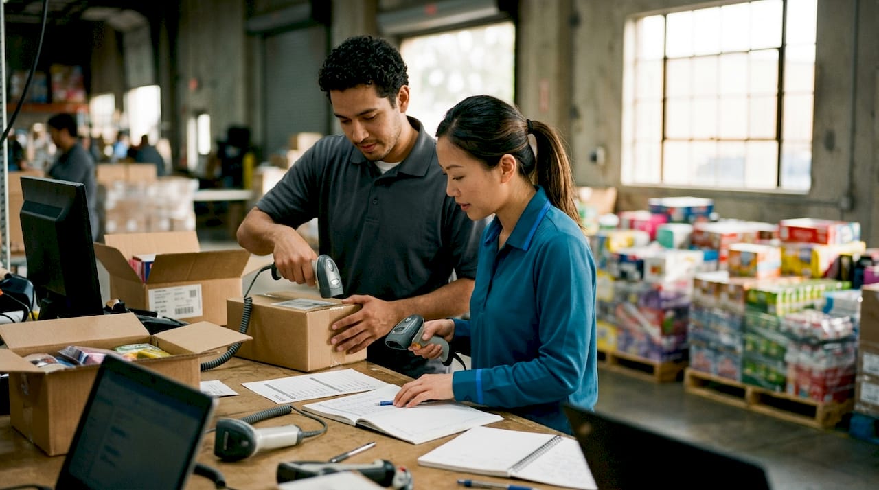 Logistics team verifying warehouse orders with checklists