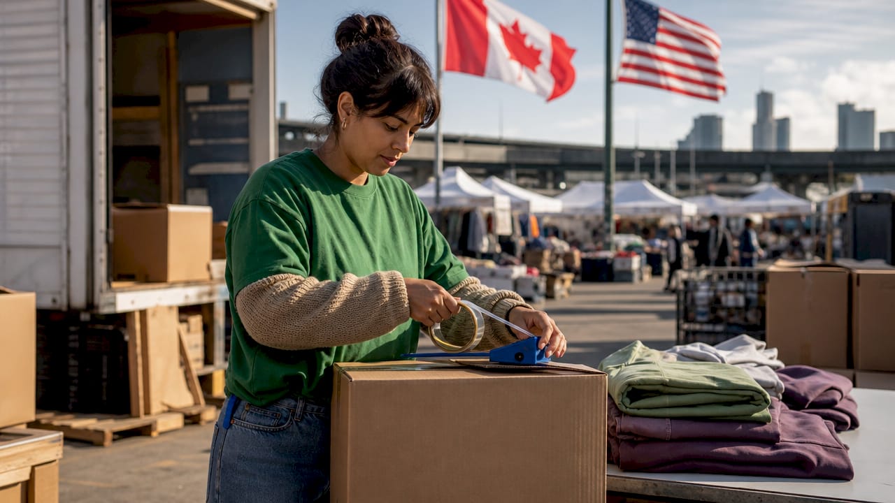 Hands packing apparel box with Canada-US flags