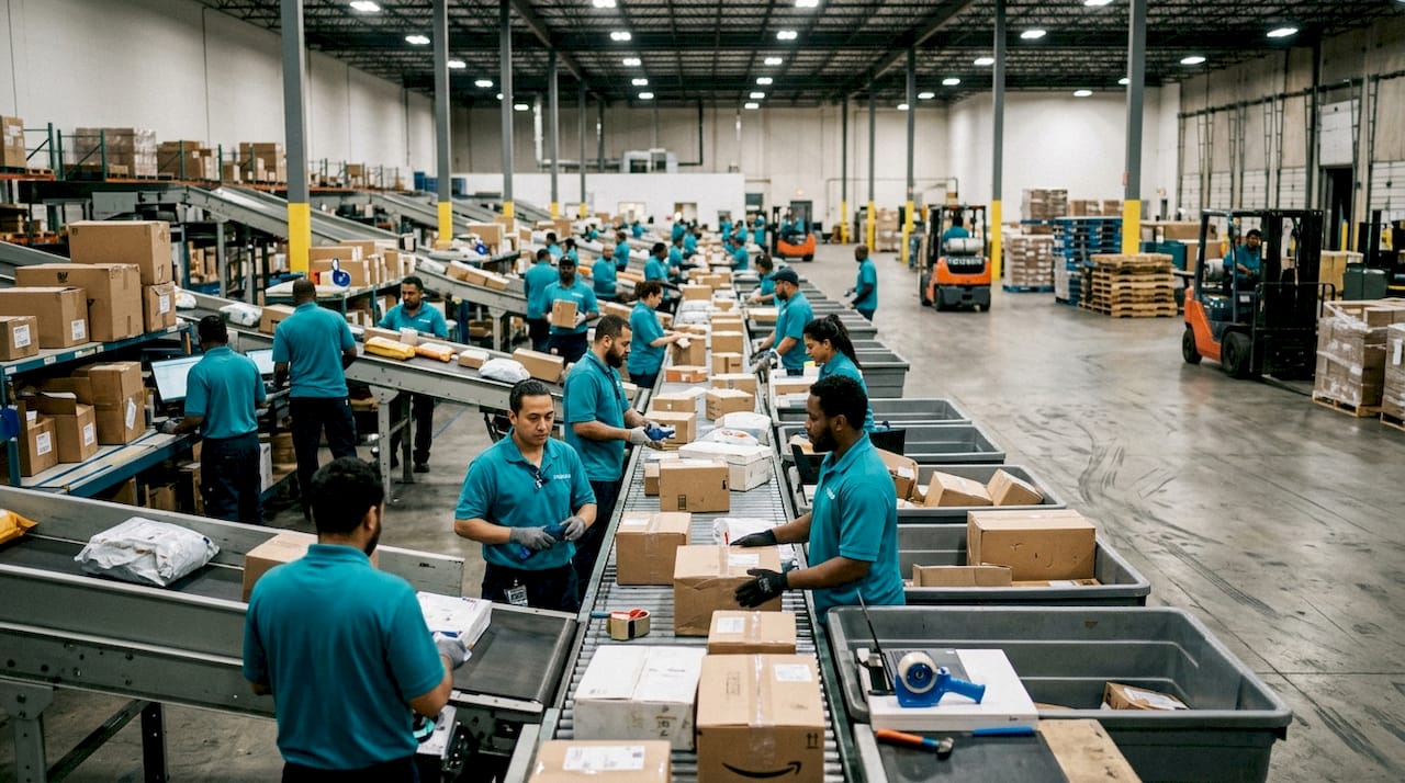 Purolator couriers sorting packages in warehouse