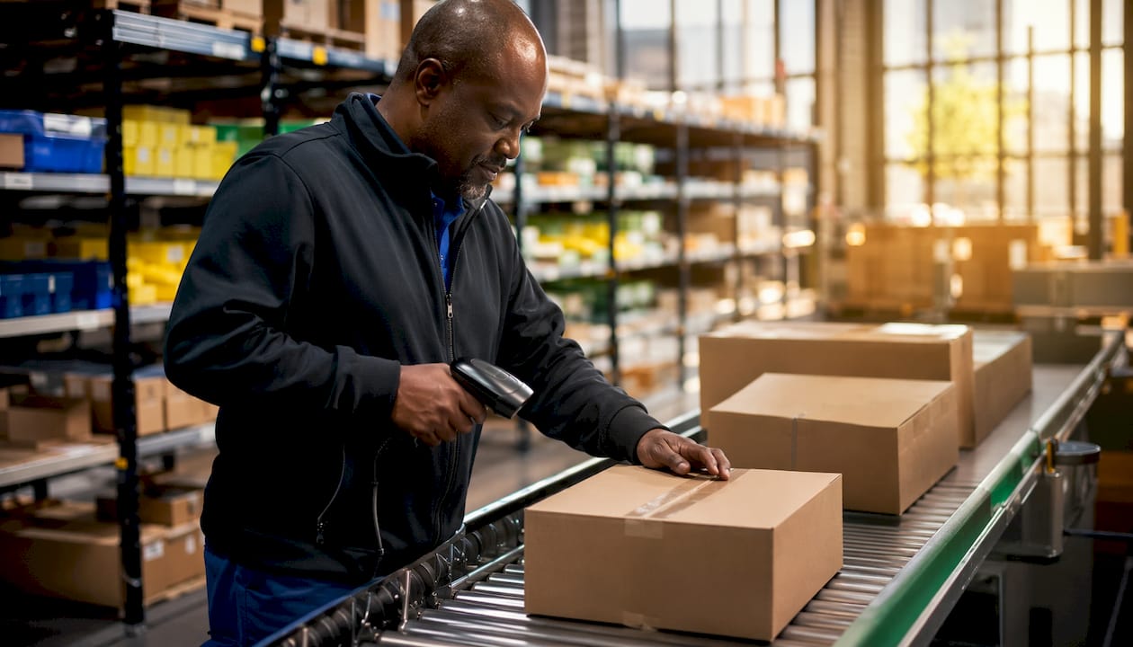 Warehouse worker scanning packages in Quebec facility