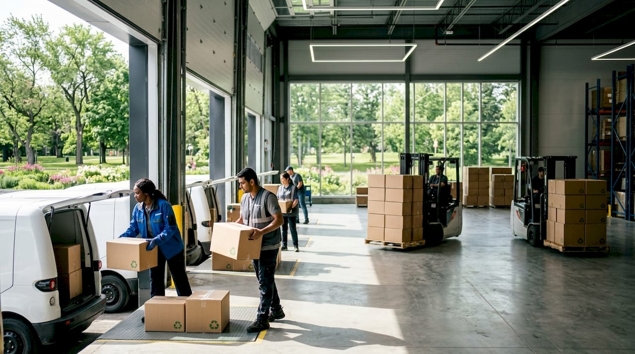 Sustainable fulfillment center with electric vehicles and solar panels