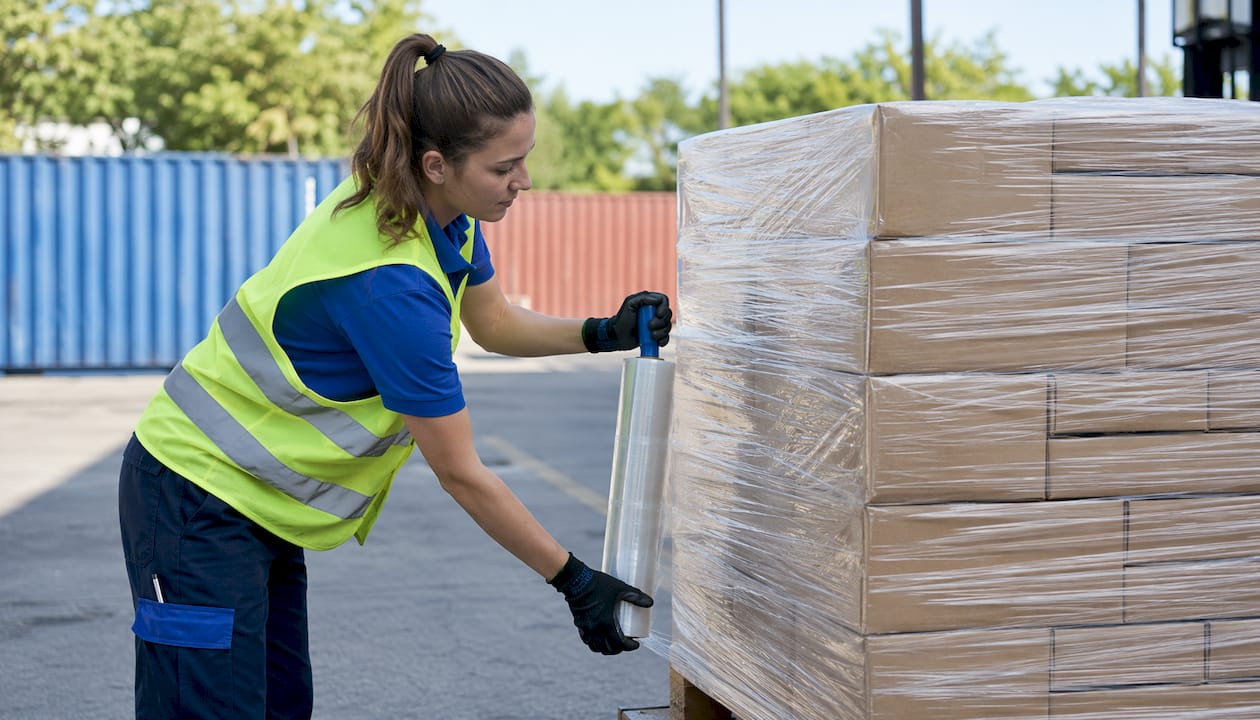 Hands wrapping an interlocking stacked pallet with stretch wrap