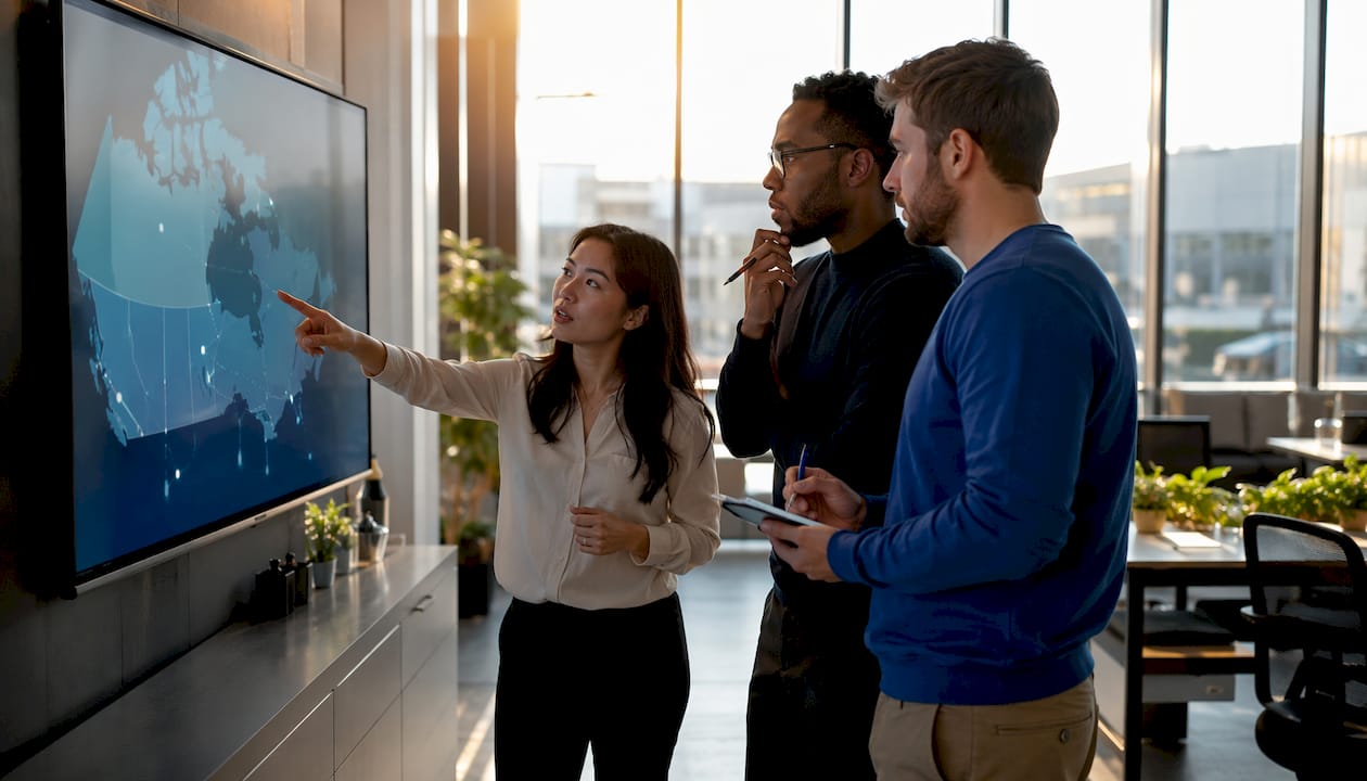 Team reviewing Canada warehouse network map