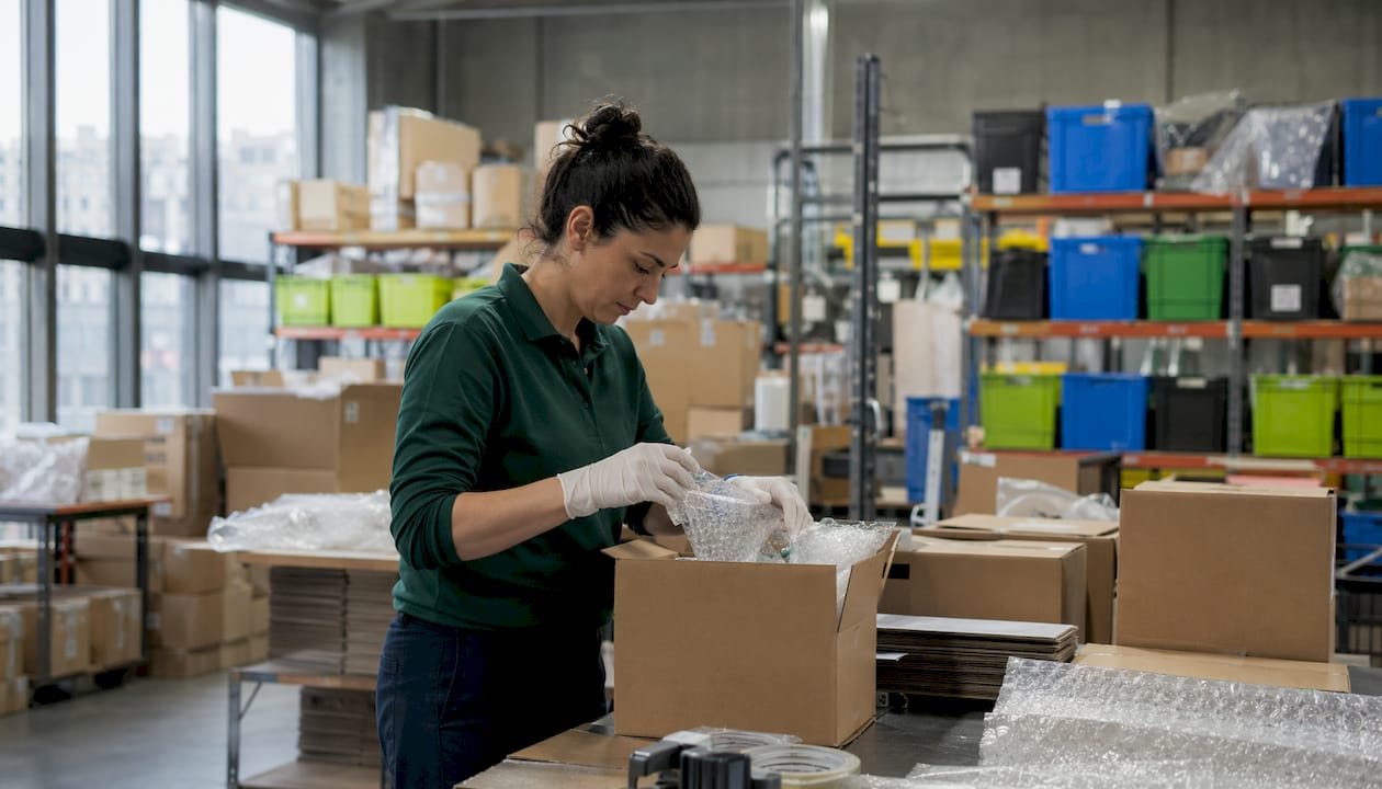 Hands packing fragile e-commerce order in box