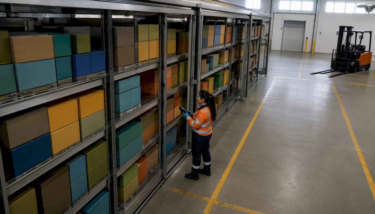 Employée dans un entrepôt frigorifique en train de scanner les articles pour l’inventaire