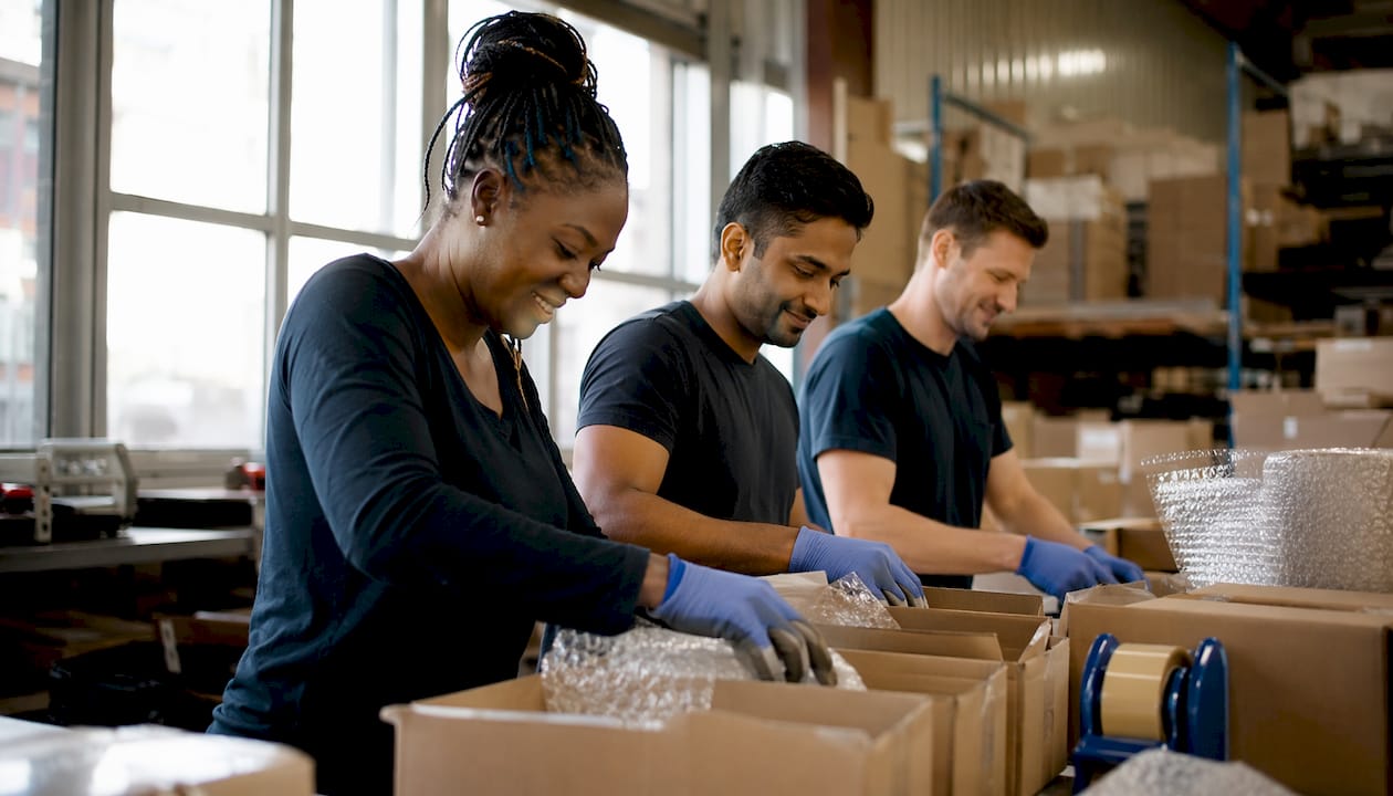 Warehouse staff packing ecommerce orders together