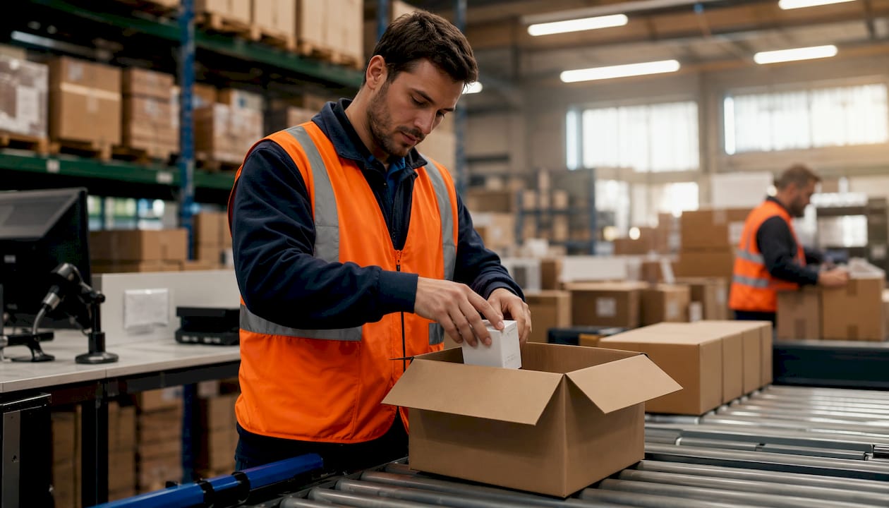 Hands packing product into box at warehouse station