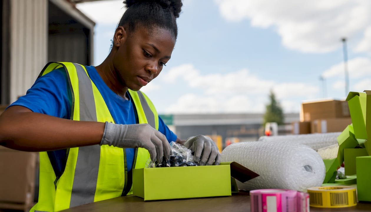 Hands packing ecommerce orders at fulfillment center