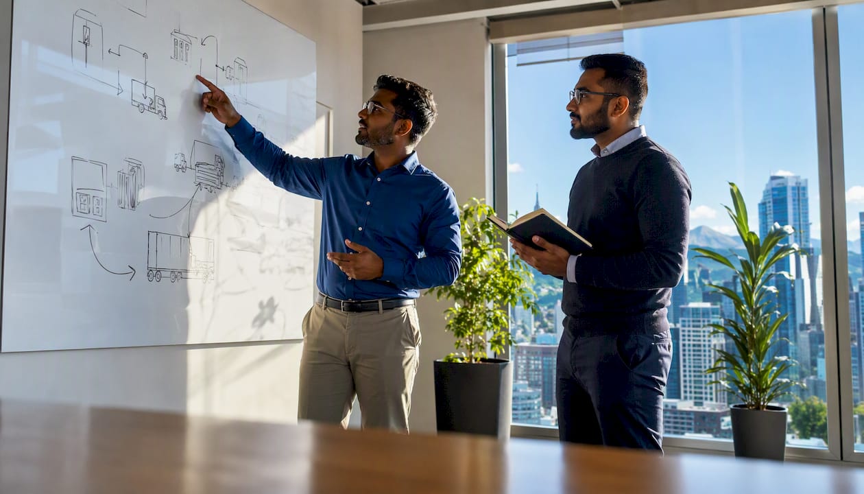 Businessmen discussing logistics plans in meeting room