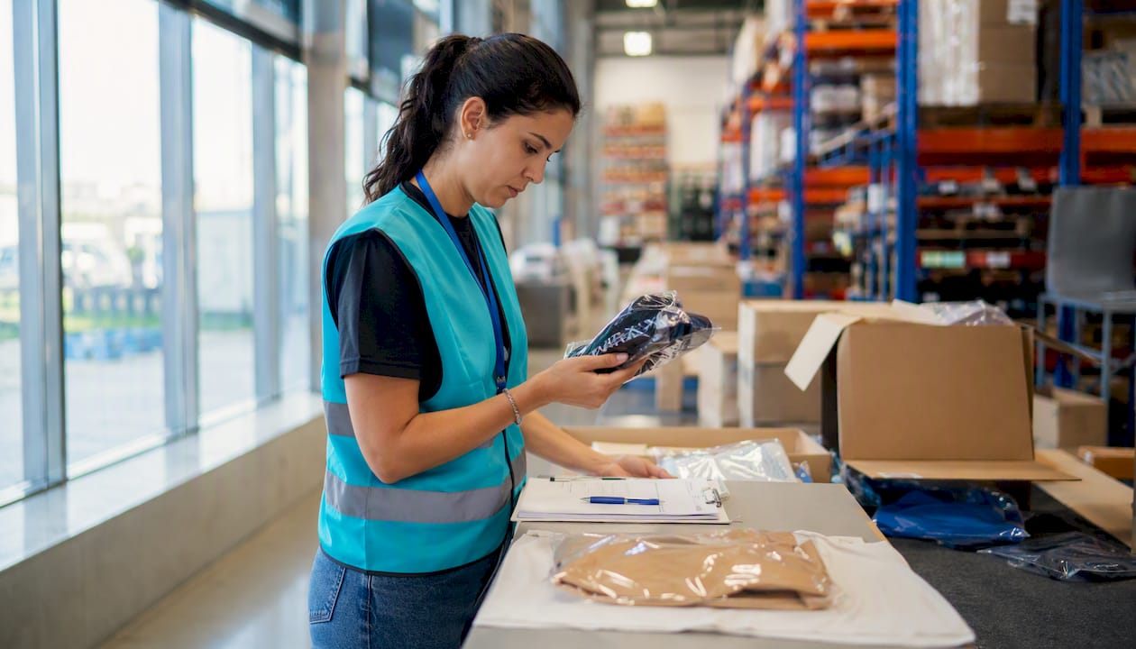 Hands sorting returned products in warehouse