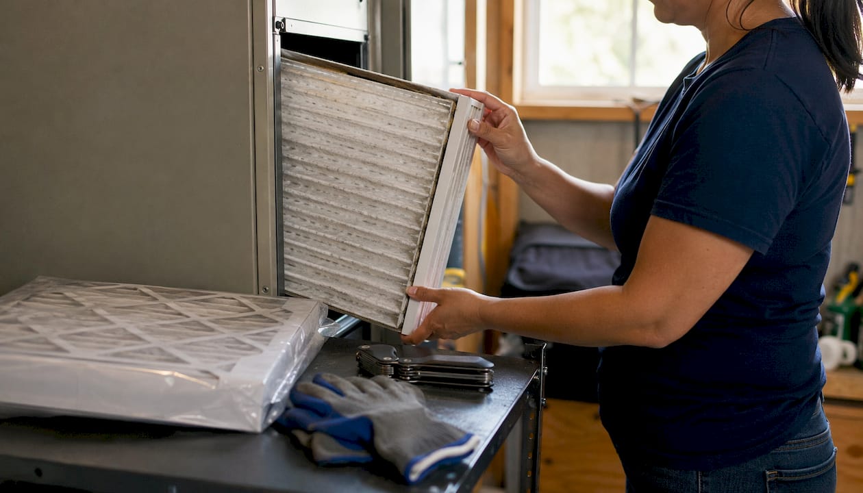 Hands removing dirty air filter