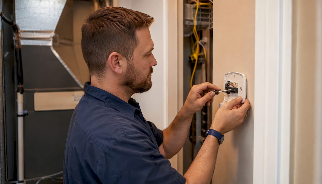 Hands checking thermostat wiring connections safely