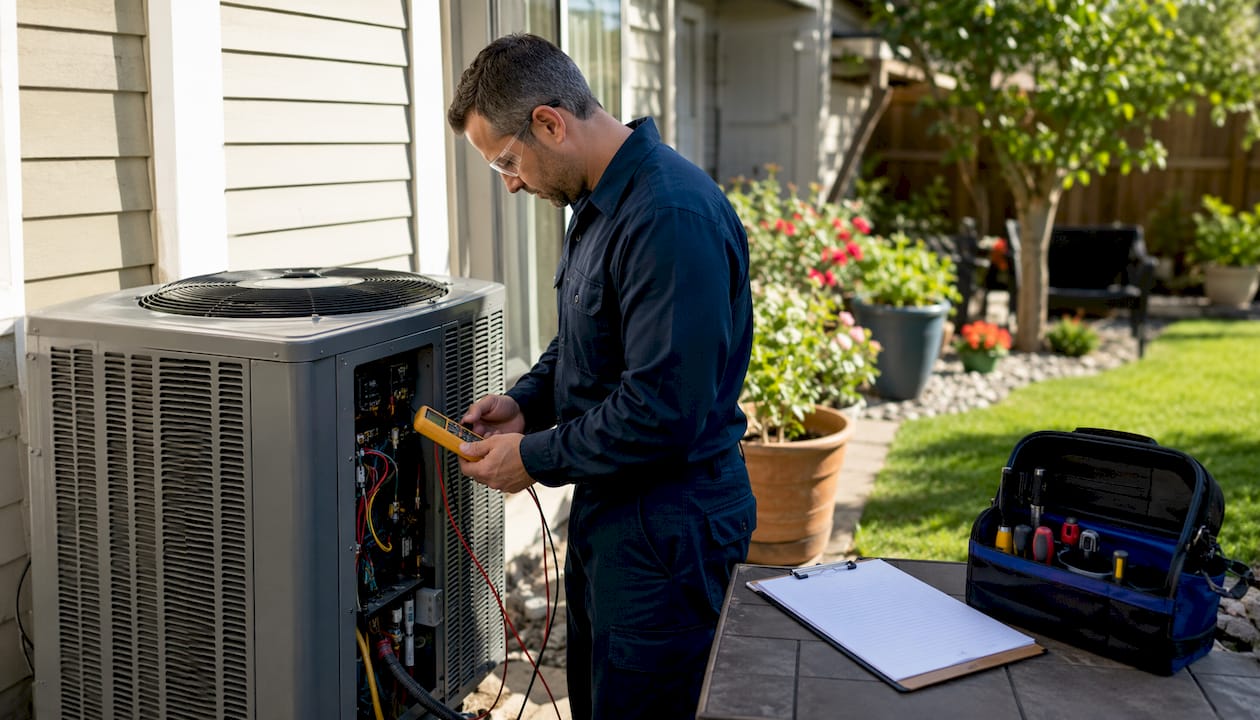 HVAC technician testing outdoor AC condenser unit