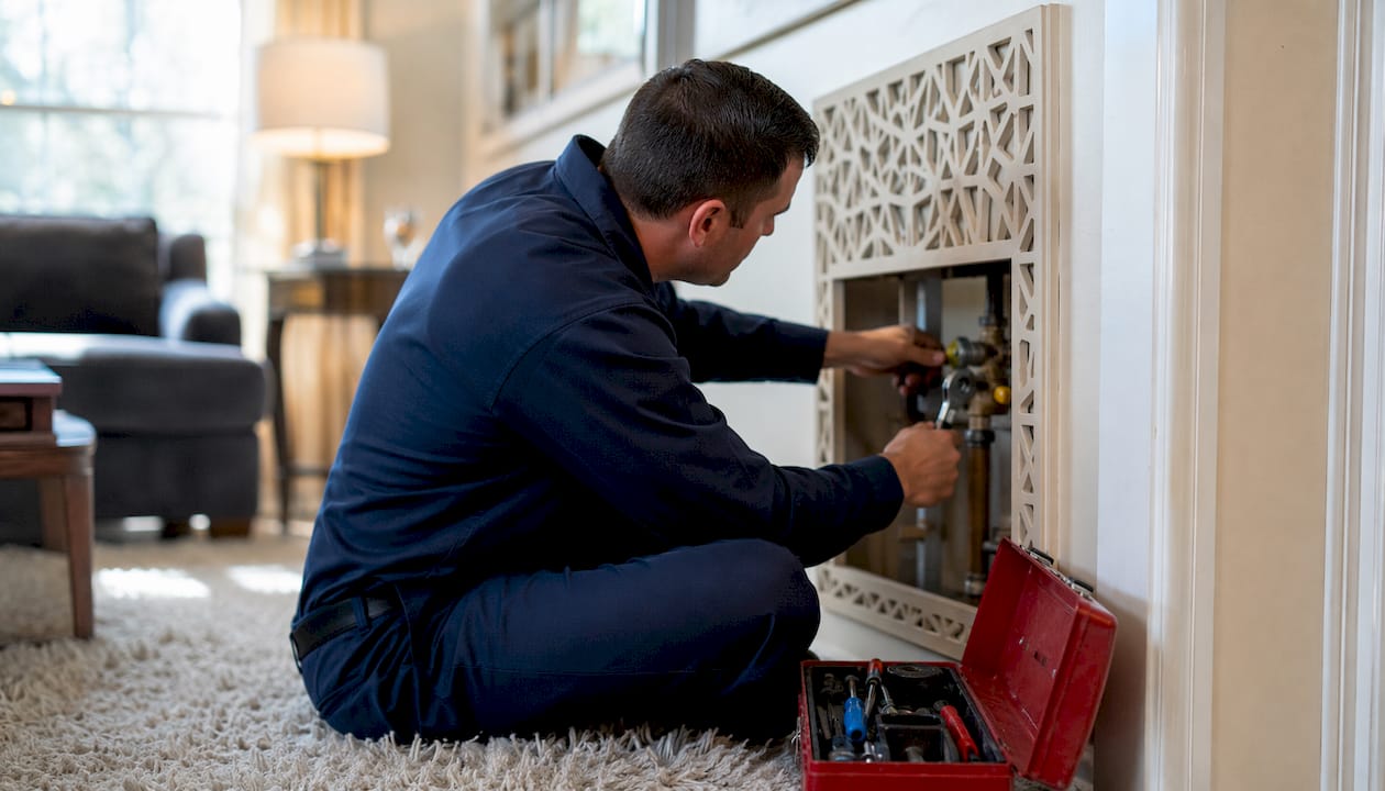 Technician inspecting furnace gas valve