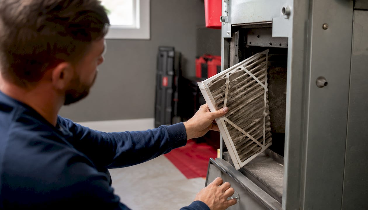 Hands removing dirty furnace air filter
