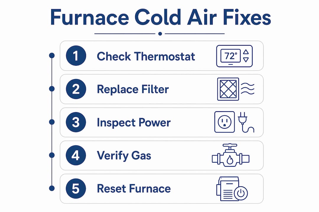 Infographic showing furnace cold air troubleshooting steps