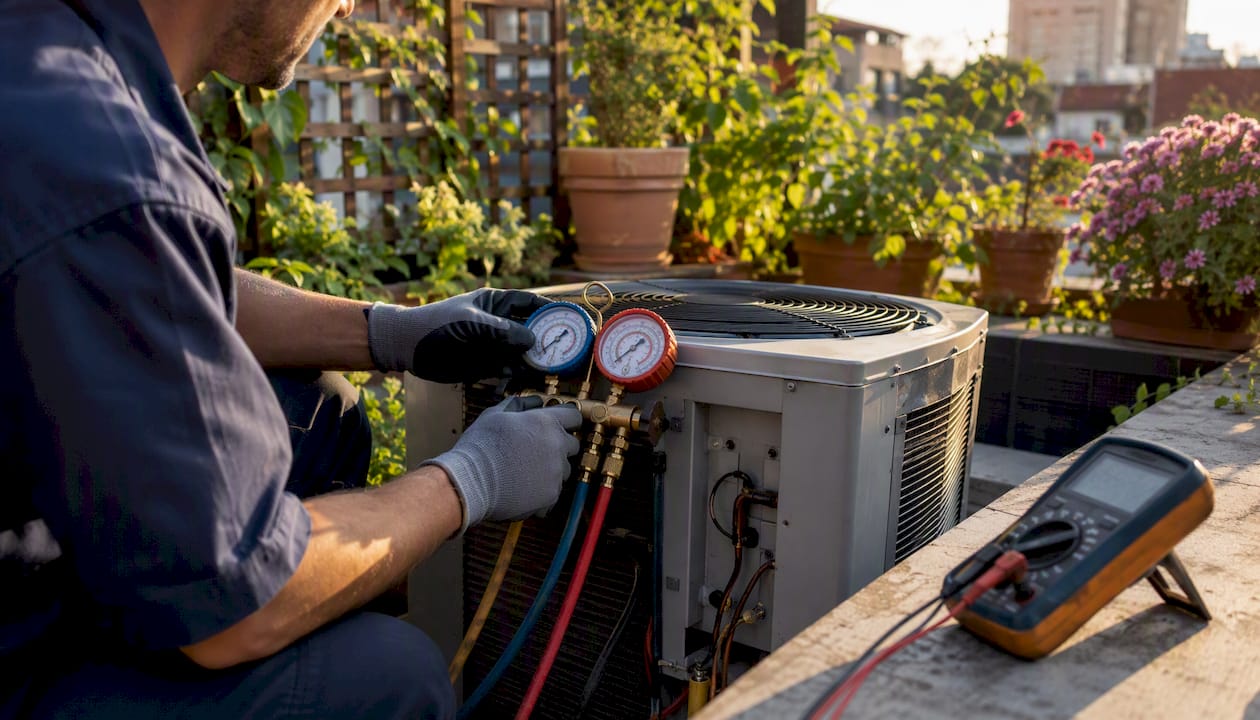 Technician hands testing HVAC condenser unit
