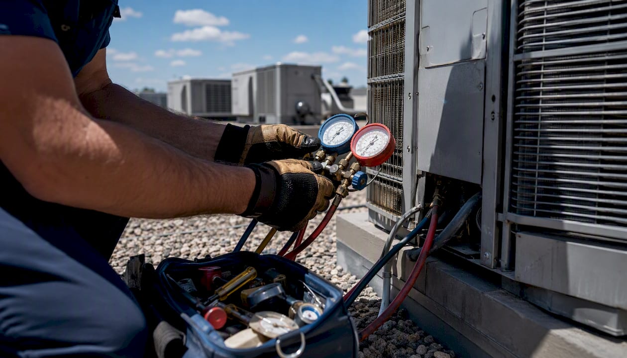 Close-up of HVAC diagnostic tools in use
