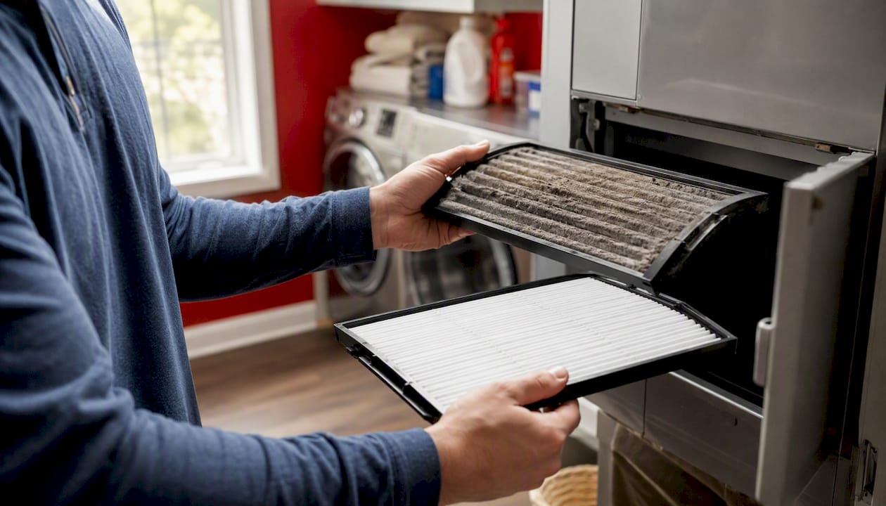 Hands changing home HVAC air filter