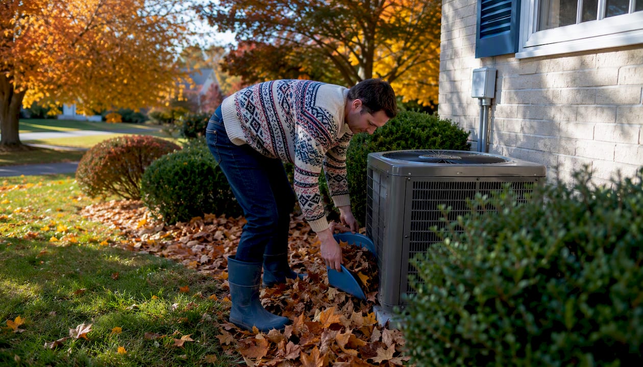 Person clearing leaves from HVAC unit outdoors in fall