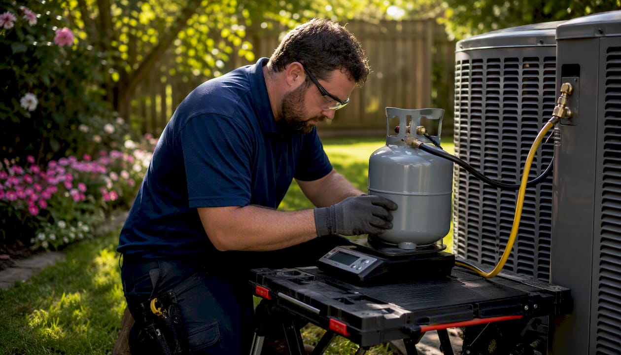 Technician weighing refrigerant during AC recharge indoors