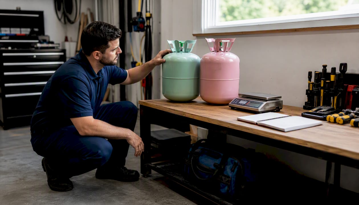 Technician comparing refrigerant canisters hands close-up